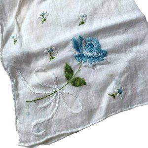 Vtg Handkerchief Embroidered White Blue Rose Daisy Ribbon Flower Gauzy Hanky Bow